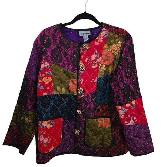 Indigo Moon Vintage Mixed Media Patchwork Jacket Pockets Art To Wear Size M - Picture 1 of 7